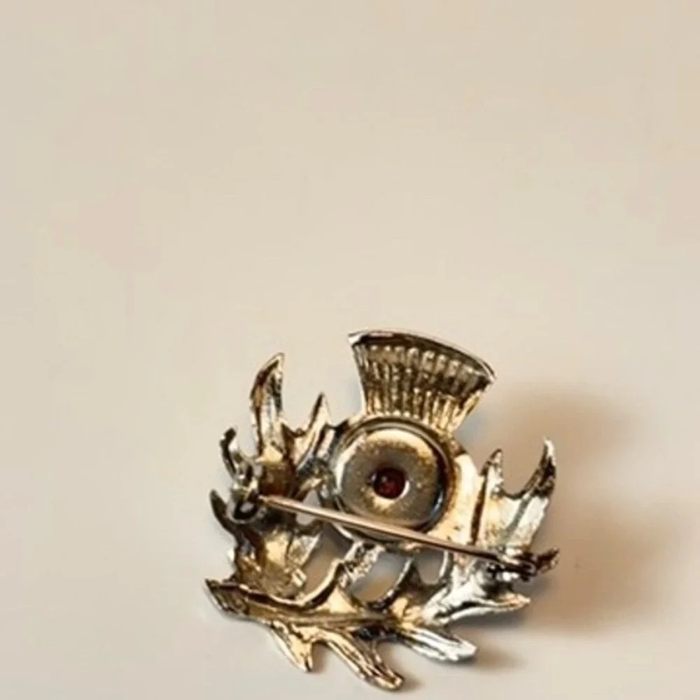 Vintage Scottish Thistle Brooch Red Rhinestone Silver Tone Pin Celtic Statement